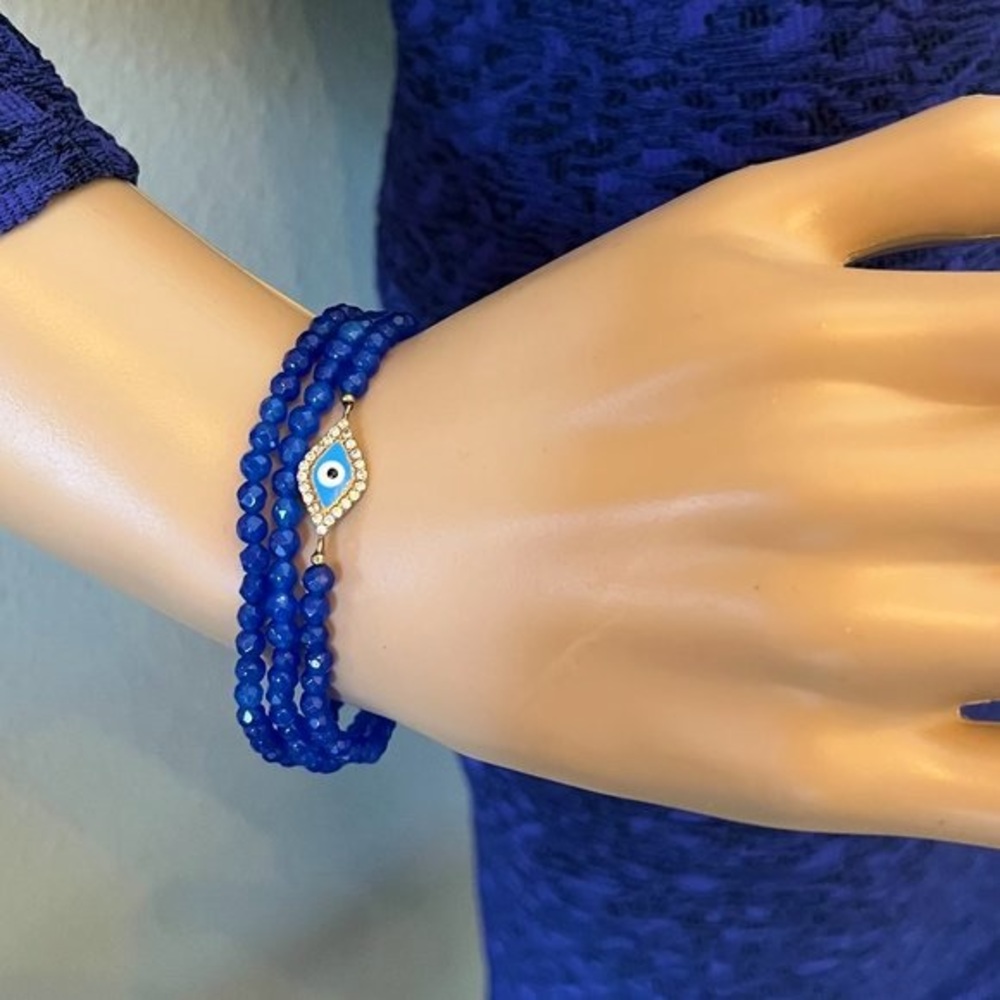 Triple Strand Evil Eye Semi-Precious Stone Bead Bracelet